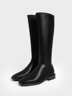 Black Knee High Flat Boots - CHARLES & KEITH US Flat Heel Boots Knee High Wide Calf, Classic Black Flat Boots, Cushionaire Black Boots, Flat Boots Fall 2022, 2022 Flat Boots, Black Flat Leather Boots Knee High, Balcl Pull Boots, Chin High Boots, Black Flat Boots Zappos