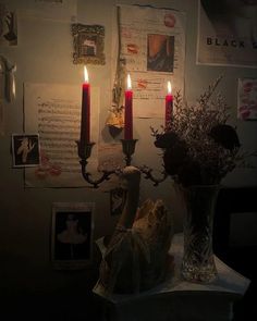 two candles are lit in a dark room with pictures and flowers on the wall behind them