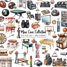 a large collection of furniture and objects drawn in watercolor on a white background with the title man cave collection