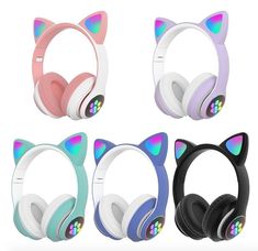 four different colored headphones with cat ears