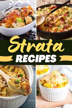 collage of strata casserole dishes with text overlay that reads strata recipes