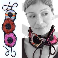 a woman with short hair wearing a neck tie next to an image of two crocheted scarves