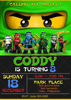 a lego movie birthday party with ninjas on the front and green face in the middle