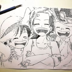 a drawing of two girls and one boy with their arms around each other, smiling