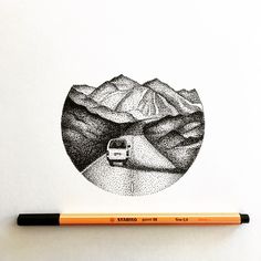 a pencil drawing of a car driving on a road with mountains in the back ground