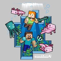 an image of some people in minecraft with pink and blue objects around them on a gray background