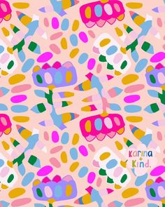 an abstract pattern with pink, blue, yellow and green shapes on a light pink background