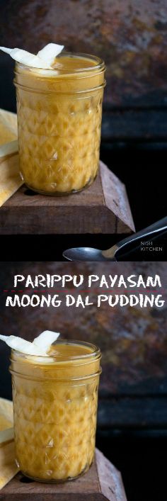 two images show how to make parsippu payasam moong dali pudding