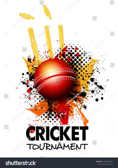 a red cricket ball with grungy paint splatters and the words cricket tournament