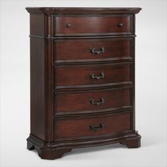 a wooden dresser with four drawers and two doors on the bottom drawer, in dark brown wood