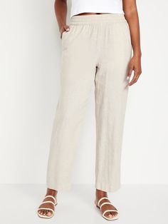 High-Waisted Linen-Blend Straight Pants | Old Navy Lily White, Back Patch, Straight Pants, Petite Size, Linen Blend, Old Navy, Pants For Women, High Waisted, Elastic