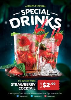 a flyer for a cocktail party with strawberries and ice