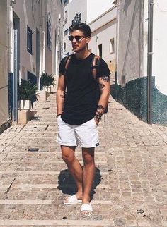 Simple Men’s Summer Fashion, Plain Shirt And Shorts Outfit Men, Mens Athleisure Outfits Summer, Men Athleisure Outfits Summer, Black And White Summer Outfits Men, Europe Summer Outfits Men, Summer Men’s Fashion, Casual Men Outfits Summer, Men Shorts Outfit Casual Street Styles