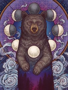 a bear sitting on top of a tree in front of the moon with phases above it