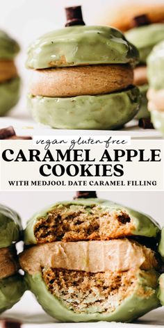 an image of some green apple cookies with chocolate on top and the words vegan gluen - free caramel apple cookies