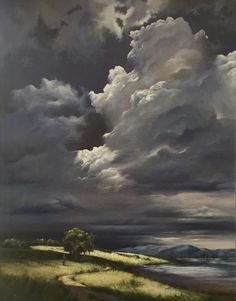 an oil painting of clouds over a green field with a tree in the foreground