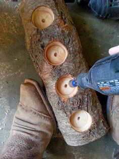 someone is using a drill to fix the holes in a tree trunk that has been carved into shoes