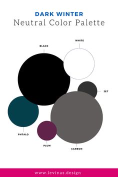 the dark winter neutral color palette is shown in black, white, and plum hues