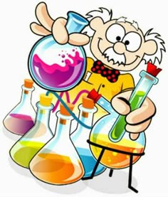 a cartoon character holding a flask filled with colored liquid and writing on a paper