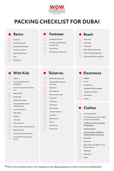 the packing checklist for dubai is shown in red and white, with black lettering