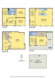 three floor plans for a two story house with lofts and an attached kitchen area