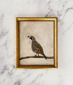 a bird sitting on top of a white marble wall next to a gold framed painting