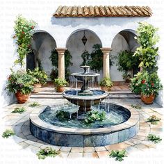 a water fountain surrounded by potted plants