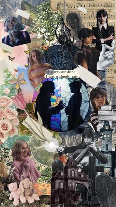 a collage with many different pictures and words on it's side, including an image of two people