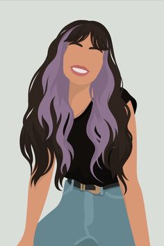 a woman with long purple hair and black shirt is smiling at the camera while she has her hands on her hips