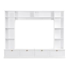 an empty white bookcase with drawers and shelves on the bottom, against a white background