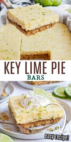 key lime pie bars on a white plate with limes in the background and text overlay that says key lime pie bars