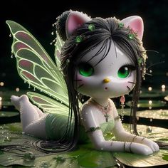 a cute little fairy cat sitting on top of a lily pad with green eyes and wings