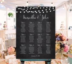 a table with a blackboard sign and flowers on the table at a wedding reception