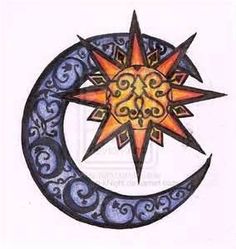 a drawing of a sun and moon with swirly designs on it's sides