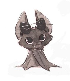 a drawing of a bat with big eyes and a bow on it's head