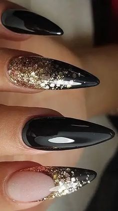 Long Nails – New Year 2024: 17 Glamorous Ideas to Ring in Style Accent Ring Finger Nail, Nails Inspiration New Years Eve, Black And Gold Sparkle Nails, Diamonte Nail Designs, Nye Nail Ideas New Years Eve, Black And Gold Nails Almond, Glitter Nails New Years, Matte Gold Nails, Black N Gold Nails