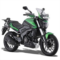 a green and black motorcycle is shown on a white background with shadow from the bike