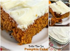 a collage of photos showing pumpkin cake with frosting on the top and bottom