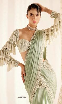 Fashion Saree Blouse, Saree For Sangeet, Blouse With Pearls, Vani Vats, Sabyasachi Sarees, New Saree Blouse Designs, Anarkali Dress Pattern, Draping Fashion, Pakistani Fancy Dresses