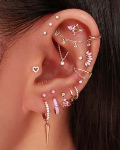 an ear with different types of piercings on it