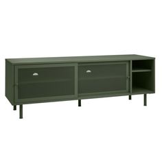 the sideboard has two drawers and one door on each side, which is open to reveal