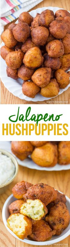 jalapeno hush puppies on plates with dip in the middle and another plate full of them