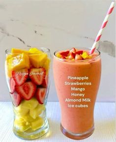 two glasses filled with different types of fruit