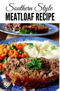 meatloaf recipe on a plate with mashed potatoes and carrots