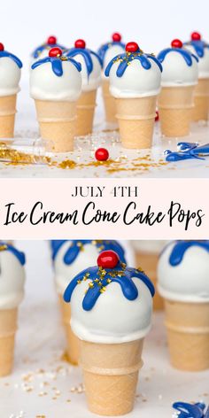 ice cream cone cake pops with blue icing and sprinkles on top