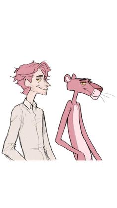 a drawing of a cat and a man with pink hair standing next to each other