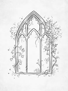 a drawing of a window with vines growing out of it