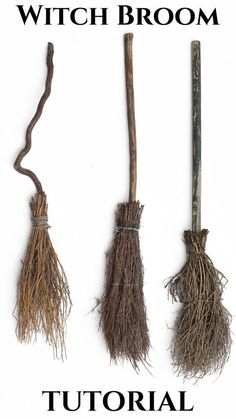 three brooms with the words witch broom on them, and two different types of brooms