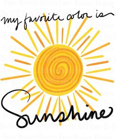 the word sunshine is written in black ink on a white background with an orange and yellow sun