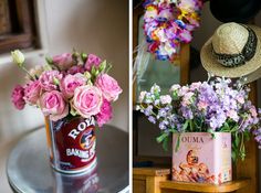 two pictures side by side, one with flowers in a can and the other with a hat on top